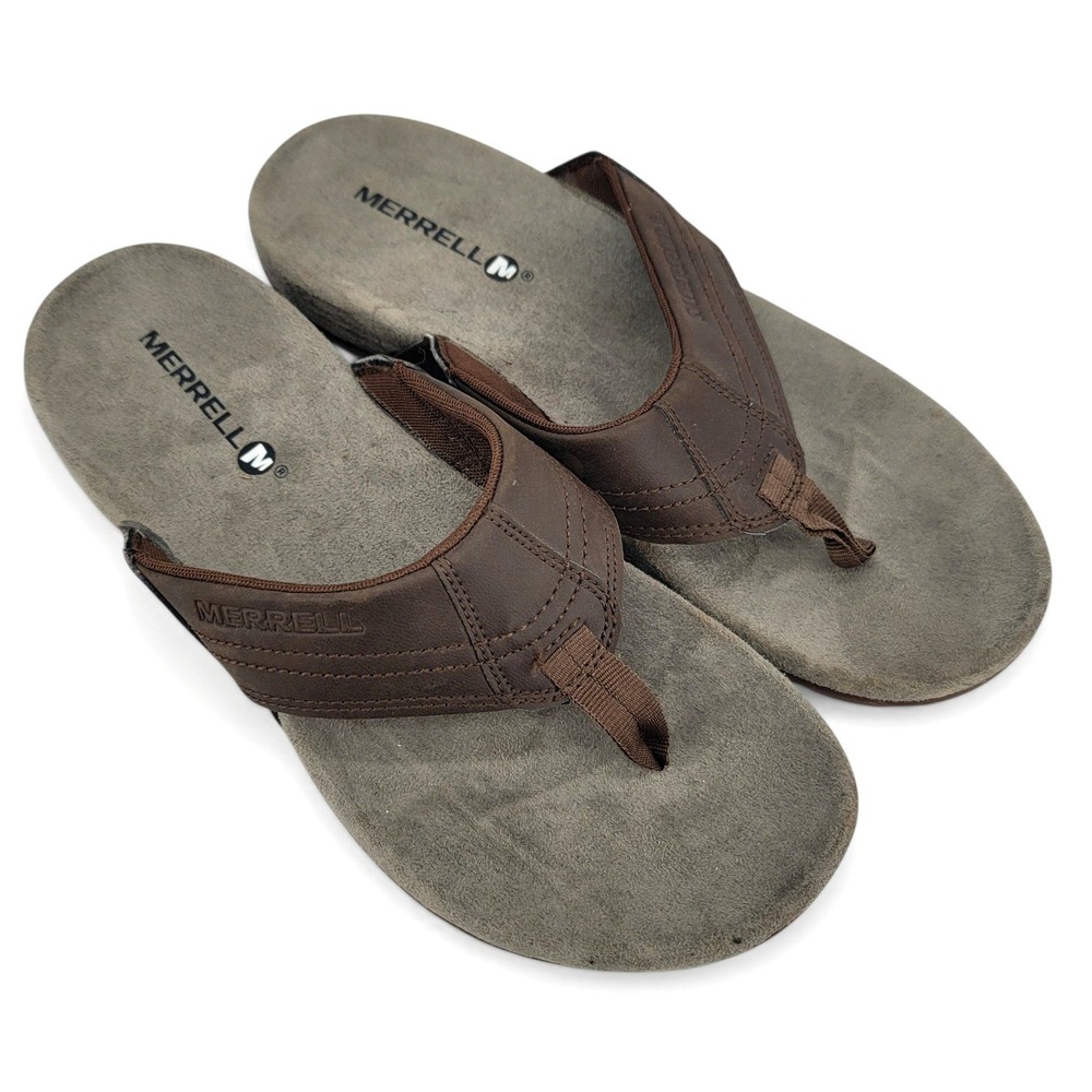 Merrell Mens 9 Thong Flip Flops Brown Leather Comfort Sandals Outdoor Casual EUC